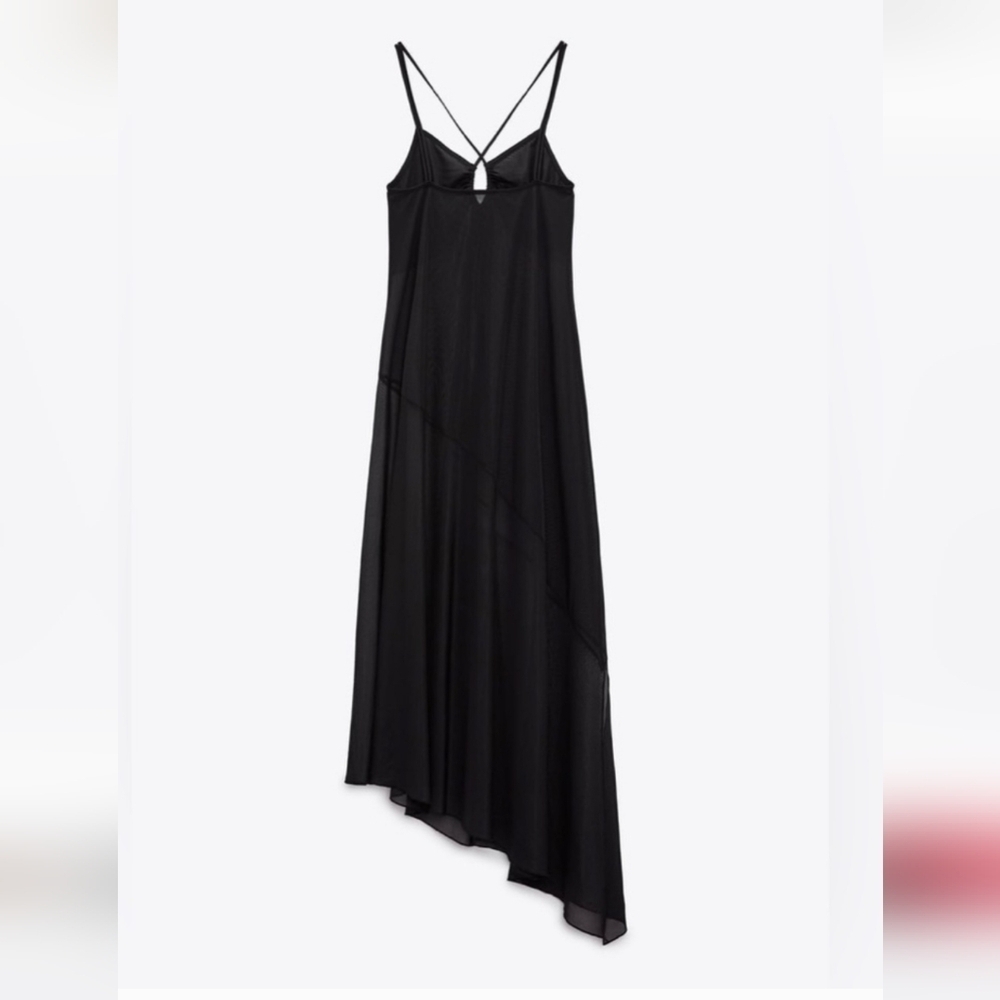 ZARA Tulle Mesh Asymmetrical Slip Dress In Black. Size Medium - Picture 8 of 16